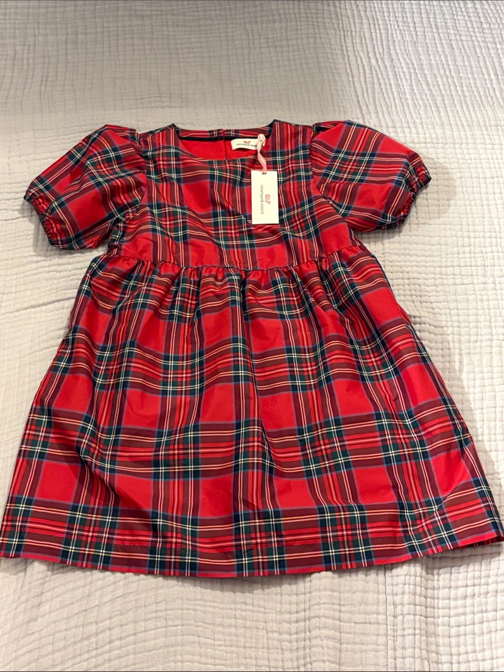 Vineyard Vines Red and Green Plaid Puff-Sleeve Girls Dress